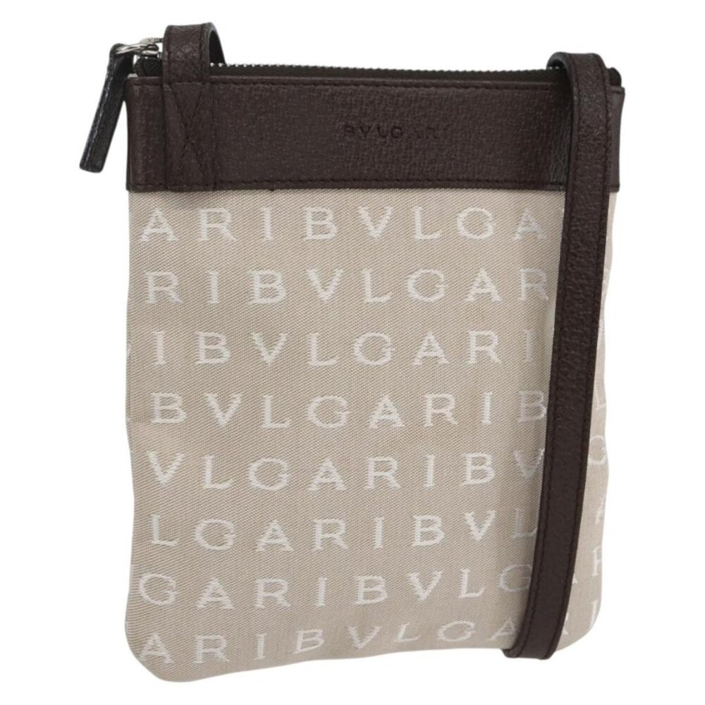 Authentic BVLGARI Logo Mania Shoulder Bag Canvas Beige Silver